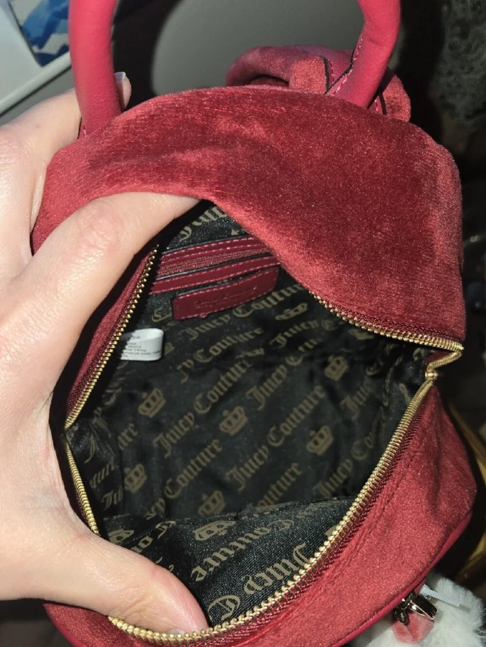 Juicy Couture Burgundy Velvet Backpack with Plush Keychain